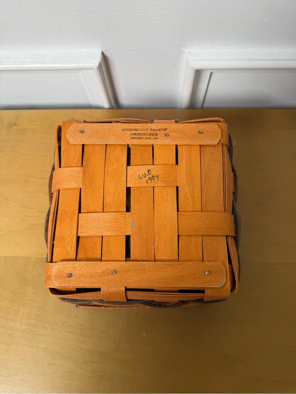 Longaberger Orange and Brown Rectangular Woven Basket with Plastic Liner